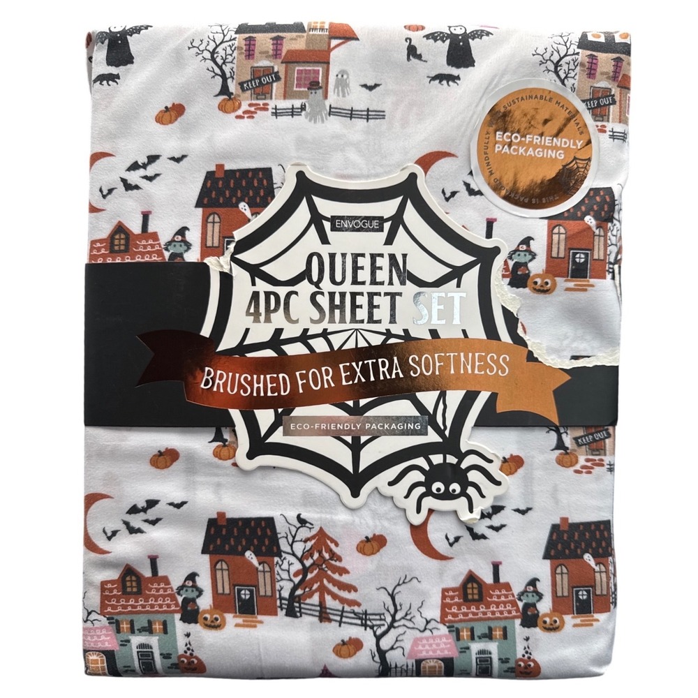 En Vogue Halloween Queen Sheet Set 4pc Haunted House Witch Bat Brushed Soft NEW